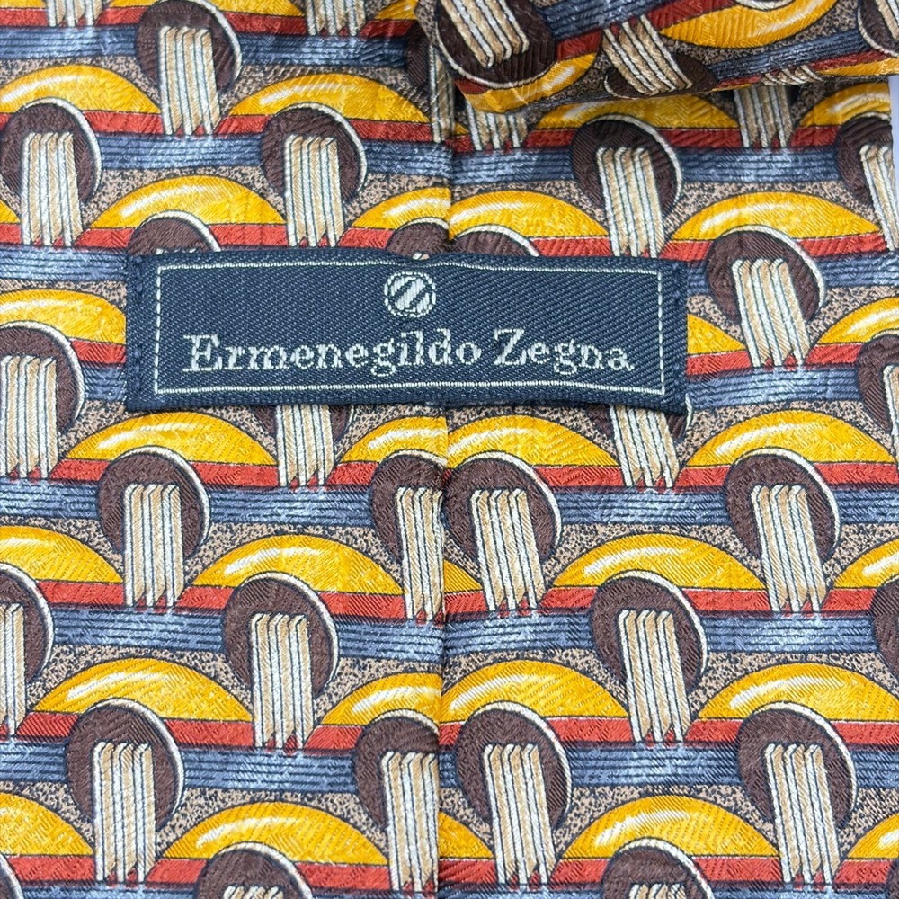 Ermenegildo Zegna Silk Tie Mens Yellow Brown Geometric Abstract Made in Italy - Picture 5 of 8